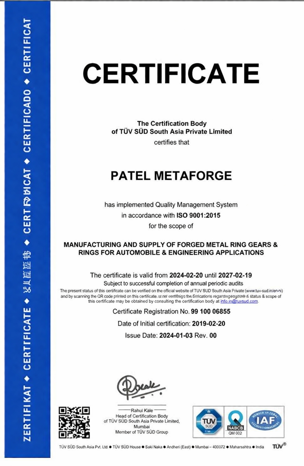 TUV SUD ISO 9001 Certificate Patel Metaforge